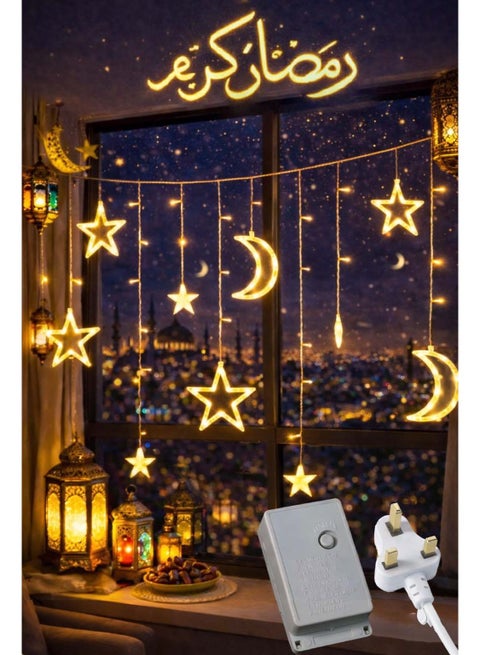Star & Moon LED Ramadan Lights – 3.5 m Warm White Curtain & String Lights, Ramadan & Eid Decorations for Home, Bedroom & Window, 8 Lighting Modes, UK 3-Pin Plug